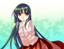 Rule 34 | 1girl, arms behind back, black hair, blouse, bow, brown eyes, female focus, green background, hime cut, hirafumi, houraisan kaguya, long hair, looking to the side, open mouth, ribbon, shirt, skirt, solo, touhou, upper body