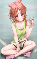 Rule 34 | 1girl, abe nana, absurdres, bare legs, blush, bottle, bow, breasts, cleavage, hair bow, highres, holding, holding bottle, idolmaster, idolmaster cinderella girls, indian style, light smile, ningen mame, on ground, orange hair, outdoors, parted bangs, ponytail, red eyes, shirt, shoes, short shorts, shorts, sitting, sleeveless, sleeveless shirt, sneakers, solo, sports bra, sportswear, water bottle