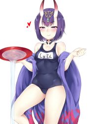 Rule 34 | 1girl, alcohol, bare shoulders, blue one-piece swimsuit, blush, breasts, closed mouth, collarbone, commentary request, cup, fate/grand order, fate (series), forehead jewel, heart, highres, horns, japanese clothes, katsura harufumi, looking at viewer, off shoulder, one-piece swimsuit, oni, purple eyes, purple hair, sakazuki, sake, school swimsuit, short hair, shuten douji (fate), simple background, skin-covered horns, small breasts, smile, solo, standing, swimsuit, thighs, white background