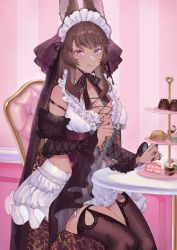 Rule 34 | 1girl, :q, absurdres, animal ears, bare shoulders, black nails, black sleeves, black thighhighs, blue eyes, bow, breasts, brown hair, cake, chair, character request, cleavage, cleavage cutout, closed mouth, clothing cutout, commentary, copyright request, cowboy shot, detached sleeves, eyelashes, final fantasy, final fantasy xiv, fingernails, food, food on face, fork, frilled leotard, frilled skirt, frilled sleeves, frills, heterochromia, highleg, highleg leotard, highres, holding, holding fork, indoors, large breasts, leotard, long hair, looking at viewer, maid headdress, midriff peek, miniskirt, mole, mole under mouth, nail polish, on chair, parted bangs, pink eyes, puffy sleeves, purple bow, purple leotard, sidelocks, sitting, skirt, smile, solo, table, thighhighs, tiered tray, tongue, tongue out, uni (melm), veil, warrior of light (ff14), white leotard, white skirt, wide sleeves