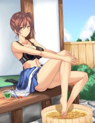 Rule 34 | 10s, 1girl, absurdres, architecture, barefoot, black bra, bra, breasts, brown hair, cloud, cloudy sky, day, east asian architecture, feet, fence, from side, full body, hakama, hakama short skirt, hakama skirt, highres, hugging own legs, japanese clothes, kaga (kancolle), kantai collection, large breasts, leg lift, looking at viewer, luna (gunfire), midriff, navel, outdoors, side ponytail, sitting, skirt, sky, solo, stone floor, tatami, thighs, underwear, wooden fence, wooden floor, yellow eyes