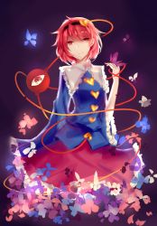 Rule 34 | 1girl, absurdres, bad id, bad pixiv id, bug, butterfly, da malu, frills, hair ornament, hand up, heart, heart hair ornament, highres, bug, komeiji satori, looking at viewer, pink hair, pink skirt, red eyes, skirt, standing, third eye, touhou