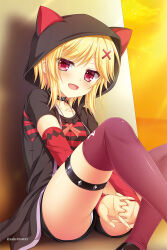 Rule 34 | 1girl, :d, against wall, animal ear hood, animal ears, black choker, black jacket, black shorts, blonde hair, blush, cat ears, choker, collarbone, company name, crossed legs, detached sleeves, eyelashes, eyes visible through hair, fake animal ears, feet out of frame, hair ornament, happy, hood, hood up, hooded jacket, interlocked fingers, jacket, jewelry, kin-iro loveriche, knees up, looking at viewer, medium hair, moribe (rabumanyo), necklace, official art, open clothes, open jacket, open mouth, outdoors, own hands together, panties, panty peek, red eyes, red sleeves, red thighhighs, shirt, shorts, sidelighting, sitting, sleeves past wrists, smile, solo, souma ria, stretching, striped clothes, striped shirt, sunset, thigh strap, thighhighs, thighs, third-party source, underwear, v arms, white panties, x hair ornament