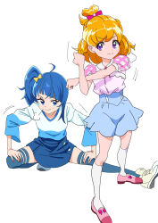 2girls asahina_mirai blue_hairband blue_shirt blue_shorts blue_skirt blue_theme casual cut_bangs gya-tei hair_ribbon hairband highres hirogaru_sky!_precure in-franchise_crossover long_sleeves looking_at_viewer mahou_girls_precure! medium_hair miniskirt motion_lines multiple_girls one_side_up orange_hair pink_footwear pink_shirt precure puff_of_air puffy_short_sleeves puffy_sleeves purple_eyes red_ribbon ribbon shirt shoes short_hair short_sleeves shorts side_ponytail single_sidelock skirt sneakers snort socks sora_harewataru squatting standing stretching t-shirt white_footwear white_socks yellow_ribbon