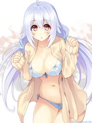 Rule 34 | 1girl, :o, animal ears, bikini, bikini under clothes, blue bikini, blue bow, blush, bow, bra, breasts, brown eyes, cleavage, cowboy shot, cu-no, eyebrows, gluteal fold, hair between eyes, hair ornament, hair scrunchie, hisen kaede, jacket, kikyou-0423, large breasts, long hair, long sleeves, looking at viewer, low twintails, navel, open clothes, open jacket, panties, parted lips, rapua qive, red eyes, scrunchie, side-tie bikini bottom, silver hair, sleeves past wrists, solo, stomach, swimsuit, thigh gap, twintails, twitter username, unbuttoned, underwear, very long hair, white background