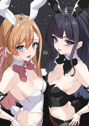 animal_ears black_hair blue_eyes bow bowtie breasts brown_hair butt_crack cleavage corset detached_collar fake_animal_ears fake_tail final_fantasy final_fantasy_xiv gaia_(ff14) highres hyur leotard lili_mdoki medium_breasts playboy_bunny rabbit_ears rabbit_tail ryne_waters tail traditional_bowtie