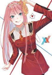Rule 34 | 1girl, :q, darling in the franxx, food, green eyes, hairband, heart, highres, holding, holding food, horns, long hair, meat, mu ooa, pantyhose, pink hair, solo, spoken heart, tongue, tongue out, uniform, zero two (darling in the franxx)