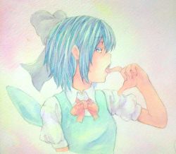 Rule 34 | 1girl, acrylic paint (medium), blue eyes, blue hair, cirno, facing away, finger to mouth, fingernails, gradient background, graphite (medium), hair ribbon, highres, matching hair/eyes, open mouth, painting (medium), puffy short sleeves, puffy sleeves, ribbon, short hair, short sleeves, sideways glance, solo, tongue, touhou, traditional media, vest, watercolor (medium), wings, yuyu (00365676)