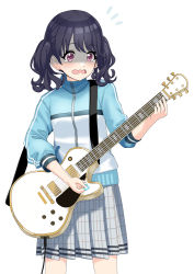 Rule 34 | 1girl, black hair, blue jacket, breasts, commentary request, electric guitar, feet out of frame, fukumaru koito, grey skirt, guitar, holding, holding instrument, idolmaster, idolmaster shiny colors, instrument, jacket, long sleeves, notice lines, o (rakkasei), open mouth, pleated skirt, plectrum, red eyes, shaded face, simple background, skirt, small breasts, solo, standing, sweat, tears, track jacket, twintails, wavy mouth, white background