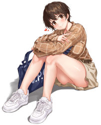 Rule 34 | 1girl, alternate costume, bag, bare legs, blush, breasts, brown eyes, brown hair, brown jacket, brown skirt, casual, closed mouth, commentary, full body, heart, highres, idolmaster, idolmaster cinderella girls, jacket, large breasts, long sleeves, looking at viewer, nike (company), nike air force 1, no socks, oikawa shizuku, shoes, short hair, simple background, sirurabbit, sitting, skirt, smile, sneakers, solo, white background, white footwear