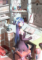 Rule 34 | 1girl, absurdres, breasts, desk, drawing, drawing (object), glasses, highres, light smile, long hair, magic circle, medium breasts, original, pencil, picture frame, pixiv fantasia, pixiv fantasia t, sideboob, solo, thighhighs, ttc