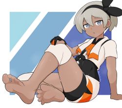 Rule 34 | 1girl, arm support, barefoot, bea (pokemon), black bodysuit, black hairband, blue background, bodysuit, bodysuit under clothes, border, bow hairband, commentary, creatures (company), dark-skinned female, dark skin, feet, full body, game freak, gloves, gradient background, grey eyes, grey hair, hairband, hand on own knee, highres, knee up, leaning back, legs, looking at viewer, nintendo, open mouth, partially fingerless gloves, patterned background, pokemon, pokemon swsh, print shirt, print shorts, shirt, short eyebrows, short hair, short sleeves, shorts, sidelocks, single glove, sitting, softhanten, soles, solo, sweatdrop, thick eyebrows, thighs, tied shirt, toes, twitter username, white border