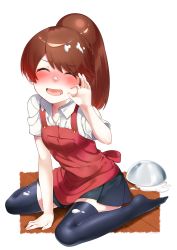 Rule 34 | 10s, 1girl, alternate costume, alternate hairstyle, apron, bad id, bad pixiv id, blush, bowl, brown hair, cream, closed eyes, fang, food, food on face, food on head, highres, kantai collection, long hair, nezumi doshi, no headwear, no headwear, object on head, ponytail, ryuujou (kancolle), skirt, smile, solo, thighhighs, zettai ryouiki