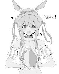 Rule 34 | 0w07, 1girl, :d, amiya (arknights), animal ears, arknights, ball, bare shoulders, beachball, blush, crop top, ears through headwear, fang, greyscale, hair ribbon, hat, heart, holding, holding ball, long hair, looking at viewer, midriff, monochrome, navel, off-shoulder shirt, off shoulder, official alternate costume, open mouth, puffy short sleeves, puffy sleeves, rabbit ears, ribbon, shirt, short sleeves, simple background, smile, solo, stomach, striped clothes, striped shirt, upper body, vertical-striped clothes, vertical-striped shirt, white background