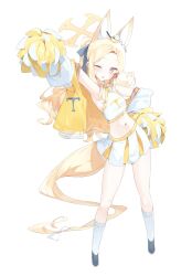Rule 34 | 1girl, absurdly long hair, absurdres, alternate costume, animal ear fluff, animal ears, arm up, armpits, bird, blonde hair, blue archive, cheering, cheerleader, crop top, cruciform halo, extra ears, flower wreath, forehead, fox ears, gradient eyes, halo, hand on own hip, highres, holding, holding pom poms, jacket, letterman jacket, long hair, meunhongcha, midriff, multicolored eyes, navel, one eye closed, open clothes, open jacket, pom pom (cheerleading), pom poms, ponytail, seia (blue archive), skirt, solo, standing, tit (bird), very long hair, white background, white bird, white skirt, yellow halo