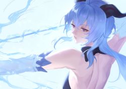 Rule 34 | absurdres, arrow (projectile), back, backless outfit, blue hair, bow (weapon), breasts, close-up, detached sleeves, drawing bow, from behind, ganyu (genshin impact), genshin impact, highres, holding, holding bow (weapon), holding weapon, horns, long hair, looking to the side, purple eyes, rh og69, sidelocks, sketch, upper body, weapon, white sleeves