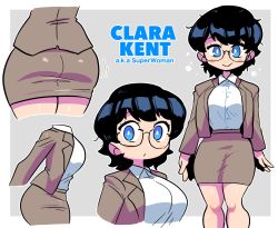 Rule 34 | 1girl, ass, black hair, blouse, blue eyes, breasts, character name, clara kent, dc comics, formal, from side, gender request, genderswap, glasses, highres, hiryou man (crap-man), large breasts, looking at viewer, multiple views, narrow waist, shirt, shirt tucked in, short hair, skirt, skirt suit, suit, superman, superman (series), thick thighs, thighs, white shirt