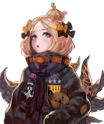 Rule 34 | 1girl, abigail williams (fate), abigail williams (traveling outfit) (fate), absurdres, belt, black bow, black jacket, blonde hair, blue eyes, bow, chestnut mouth, crossed bandaids, fate/grand order, fate (series), hair bow, hair bun, highres, jacket, long hair, long sleeves, looking at viewer, multiple hair bows, official alternate costume, open mouth, orange bow, parted bangs, rsef, single hair bun, sleeves past fingers, sleeves past wrists, solo, stuffed animal, stuffed toy, teddy bear, tentacles, upper body