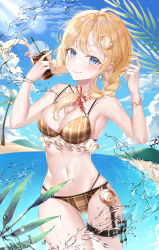 Rule 34 | 1girl, absurdres, beach, bikini, blonde hair, blue eyes, blue sky, braid, breasts, brown bikini, cleavage, cloud, coconut, coconut tree, commentary request, cup, day, disposable cup, drinking straw, earrings, hair ornament, heart, heart earrings, highres, hololive, hololive english, huge filesize, jewelry, large breasts, lisa 78, looking at viewer, medium hair, ocean, outdoors, palm tree, plaid, plaid bikini, pocket watch, sky, smile, solo, swimsuit, syringe, tea, tree, twin braids, virtual youtuber, watch, watson amelia