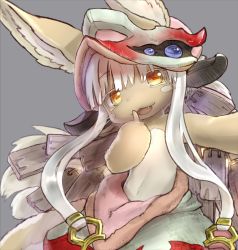 Rule 34 | 10s, 1girl, animal ears, blush stickers, ears through headwear, furry, furry female, long hair, made in abyss, nanachi (made in abyss), simple background, smile, solo, tsukushi akihito, whiskers, white hair, yellow eyes