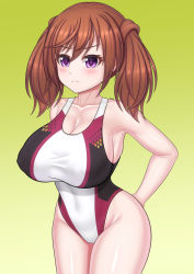 Rule 34 | 1girl, alice gear aegis, breasts, brown hair, competition swimsuit, covered navel, highres, imminent penetration, kimikage yui, large breasts, looking at viewer, one-piece swimsuit, purple eyes, seinz0, short hair, swimsuit, twintails