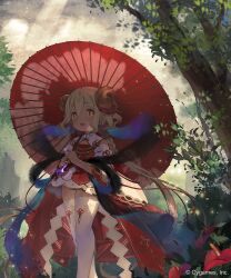 1girl braid braided_ponytail brown_hair company_name curly_hair day dress feet_out_of_frame flat_chest flower foliage hair_between_eyes hair_ornament high_collar holding holding_umbrella ines_(shadowverse) japanese_clothes leaf light_particles light_rays long_hair long_sleeves looking_at_viewer nature official_art outdoors red_dress red_flower red_umbrella shadow shadowverse solo standing thighhighs thighs tree two-tone_dress umbrella white_dress white_thighhighs wide_sleeves yellow_eyes yuuhi_homare