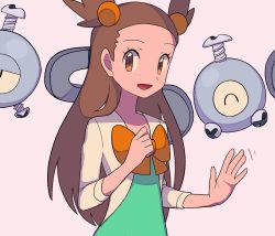 Rule 34 | 1girl, :d, blush, bow, brown eyes, brown hair, cardigan, clenched hand, commentary request, creatures (company), dress, eyelashes, game freak, gen 1 pokemon, green dress, hair bobbles, hair ornament, jasmine (pokemon), long hair, looking at viewer, magnemite, nintendo, open cardigan, open clothes, open mouth, pokemon, pokemon (creature), pokemon hgss, screw, smile, tongue, two side up, tyako 089, white cardigan