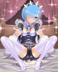 Rule 34 | 10s, 1girl, bed, bed sheet, black dress, black panties, black ribbon, blue eyes, blue hair, blush, breasts, curtains, detached collar, detached sleeves, dress, feet, foreshortening, frilled dress, frills, full body, garter straps, hair ornament, hair over one eye, hair ribbon, head tilt, highres, indoors, knees together feet apart, knees up, lingerie, lolita fashion, long sleeves, lying, maid, maid headdress, medium breasts, naughty face, no shoes, on bed, outstretched arm, outstretched arms, panties, pierre norano, pink ribbon, pussy, pussy peek, re:zero kara hajimeru isekai seikatsu, reaching, reaching towards viewer, rem (re:zero), ribbon, short hair, skindentation, smile, solo, sparkle, spread legs, stained panties, tareme, thighhighs, underwear, white thighhighs, x hair ornament