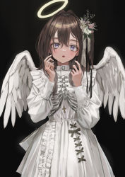 Rule 34 | 1girl, :o, absurdres, angel, angel (nadegata), angel wings, black background, blush, dress, feathered wings, flower, frilled dress, frills, gishiki (gshk), gothic lolita, hair flower, hair ornament, halo, hands up, highres, lolita fashion, long sleeves, looking at viewer, original, puffy long sleeves, puffy sleeves, purple eyes, simple background, solo, white dress, white wings, wings