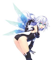 Rule 34 | 10s, 1girl, :d, aqua eyes, ass, bare shoulders, bent over, black gloves, black heart (neptunia), black leotard, black thighhighs, bodysuit, bracer, breasts, cleavage, cleavage cutout, clenched hand, clothing cutout, detached wings, elbow gloves, flat ass, floating hair, from side, gloves, hair between eyes, halterneck, hand up, happy, highres, kneepits, leotard, long hair, looking at viewer, looking back, magical girl, medium breasts, neptune (series), noire (neptunia), official art, open mouth, power symbol, power symbol-shaped pupils, sideboob, simple background, skin tight, smile, solo, symbol-shaped pupils, thighhighs, transparent, transparent wings, tsunako, turtleneck, white background, white hair, wings