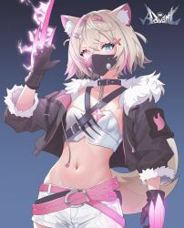 Rule 34 | 1girl, adapted costume, animal ear fluff, animal ears, bandaid, bandaid hair ornament, belt, black collar, black gloves, black jacket, black mask, blonde hair, blue background, blue eyes, chain, chain leash, claw (weapon), collar, collarbone, commentary, cropped jacket, dog ears, dog girl, english commentary, flat chest, fur-trimmed jacket, fur trim, gloves, gradient background, hair intakes, hair ornament, hairband, hand up, highres, hololive, hololive english, horn hairband, jacket, leash, long sleeves, looking at viewer, mask, midriff, mococo abyssgard, mococo abyssgard (1st costume), mouth mask, multicolored hair, navel, pink belt, pink hair, pink hairband, short hair, shorts, sk jynx, solo, stomach, strapless, streaked hair, tube top, two side up, upper body, virtual youtuber, weapon, white shorts, white tube top, x hair ornament