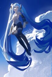 Rule 34 | 1girl, artist name, bare shoulders, black footwear, black skirt, black sleeves, blue eyes, blue hair, blue sky, boots, closed mouth, cloud, collared shirt, dated, detached sleeves, floating, full body, grey shirt, hair ornament, hatsune miku, highres, kofi-mo, long hair, looking at viewer, looking down, miniskirt, necktie, pleated skirt, shirt, shoulder tattoo, sidelighting, signature, skirt, sky, sleeveless, sleeveless shirt, solo, tattoo, thigh boots, twintails, very long hair, vocaloid