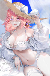 Rule 34 | 1girl, absurdres, animal ears, arm rest, bikini, blue sky, bow, breasts, cleavage, crossed bangs, cushion, detached sleeves, earrings, fox ears, frilled bikini, frills, genshin impact, hair between eyes, hand on headwear, hat, hat bow, highres, jewelry, large breasts, leaning to the side, looking at viewer, navel, pink hair, puffy sleeves, purple eyes, shei99, sitting, sky, solo, straw hat, sun hat, swimsuit, thigh strap, vision (genshin impact), white bikini, white bow, white sleeves, yae miko