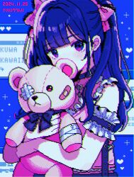 1girl armband artist_name bandages bandaid black_choker blue_hair bow choker chromatic_aberration cross cross_necklace dated dithering frilled_armband frills hair_bow heart heart_necklace holding holding_stuffed_toy jewelry jirai_kei long_hair nanami_yuki_(yuki77mi) necklace original pink_bow pixel_art purple_eyes solo stuffed_animal stuffed_toy teddy_bear two_side_up