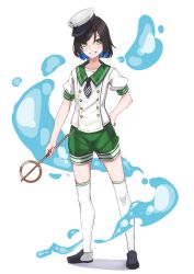 Rule 34 | 1girl, absurdres, adapted costume, anchor symbol, black footwear, black hair, black necktie, blush, buttons, commentary request, danboru (jdanboru1182), double-breasted, dress, full body, green eyes, green shorts, grin, hand on own hip, hat, highres, hishaku, loafers, murasa minamitsu, necktie, puffy short sleeves, puffy sleeves, sailor dress, sailor hat, shoes, short hair, short necktie, short shorts, short sleeves, shorts, simple background, smile, socks, solo, standing, tilted headwear, touhou, white background, white socks
