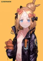 Rule 34 | 1girl, abigail williams (fate), abigail williams (traveling outfit) (fate), black bow, black jacket, blonde hair, blue eyes, bow, breasts, coat, crossed bandaids, fate/grand order, fate (series), gradient background, hair bow, hair bun, highres, holding, holding stuffed toy, jacket, long sleeves, looking at viewer, medium hair, naked coat, navel, official alternate costume, open clothes, open jacket, orange background, orange bow, parted bangs, polka dot, polka dot bow, reoen, simple background, single hair bun, small breasts, solo, stuffed animal, stuffed toy, teddy bear