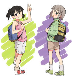 Rule 34 | 2girls, :d, ;), arm up, backpack, bag, bare shoulders, black hair, blue bag, blush, brown shorts, brown socks, camisole, commentary, full body, green eyes, green footwear, green jacket, grey hair, grey socks, grin, hair ornament, hairclip, happy, highres, holding strap, jacket, kuraue hinata, long sleeves, looking at viewer, looking back, loose socks, meis (terameisu), multicolored background, multiple girls, one eye closed, open mouth, pink camisole, purple eyes, red footwear, shoes, short hair, short twintails, shorts, smile, sneakers, socks, standing, twintails, v, white shorts, yama no susume, yellow bag, yukimura aoi