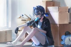 Rule 34 | 1girl, bare legs, barefoot, black gloves, black jacket, black shorts, blue eyes, blue hair, blue shirt, boros (ouro kronii), box, eating, food, food in mouth, gloves, hair between eyes, hair intakes, highres, holding, holding food, hololive, hololive english, indoors, jacket, open clothes, open jacket, ouro kronii, popsicle, quasarcake, shirt, short ponytail, short shorts, shorts, solo, sweat, virtual youtuber