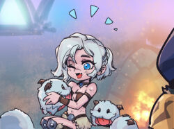 Rule 34 | 1girl, ;d, animal, bare shoulders, blue eyes, blush, grey hair, holding, holding animal, horns, league of legends, multicolored background, navel, one eye closed, open mouth, phantom ix row, poro (league of legends), sejuani, shiny skin, short hair, sitting, smile, solo focus, tongue, tongue out