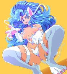 Rule 34 | animal ears, animal hands, big hair, blue hair, body fur, breasts, cat ears, cat girl, cat paws, cat tail, claws, felicia (vampire), highres, queen ashi, simple background, solo, tail, vampire (game), white fur, yellow background
