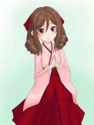 Rule 34 | 10s, 1girl, blush, bow, brown hair, drill hair, hair bow, hakama, hakama skirt, harukaze (kancolle), highres, japanese clothes, kantai collection, kimono, long hair, looking at viewer, meiji schoolgirl uniform, own hands together, pink kimono, red bow, red eyes, red hakama, skirt, smile, solo, t2r, twin drills, wide sleeves