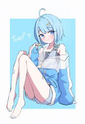 Rule 34 | 1girl, :t, absurdres, ahoge, arahashi tabi, arm support, armpit crease, bandage on face, bandage on leg, bandages, bare legs, barefoot, blue background, blue eyes, blue hair, blue jacket, blush, border, breasts, chewing, closed mouth, collarbone, commentary request, cookie, dot nose, food, full body, grey jumpsuit, grey tank top, hair intakes, hair ornament, hairclip, hand up, highres, holding, holding cookie, holding food, jacket, jumpsuit, knees, knees up, looking at viewer, looking to the side, morphling (artist), multicolored clothes, multicolored hair, multicolored jacket, plantar flexion, raised eyebrows, see-through, see-through jacket, short hair, short jumpsuit, sidelocks, signature, simple background, single bare shoulder, single off shoulder, sitting, sleeves past wrists, small breasts, solo, stellive, streaked hair, sweatdrop, swept bangs, tank top, thick eyelashes, thighs, toes, virtual youtuber, white border, white hair