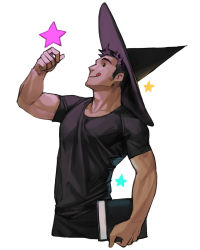 Rule 34 | 1boy, arm up, black hair, black hat, book, cowboy shot, dark-skinned male, dark skin, hat, highres, holding, holding book, male focus, original, profile, rinotuna, short hair, simple background, smile, solo, star (symbol), tongue, tongue out, white background, witch hat