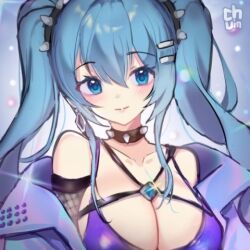 Rule 34 | blue eyes, blue hair, bracelet, breasts, collar, jewelry, large breasts, league of legends, long hair, lowres, pelicana, smile, sona (league of legends)