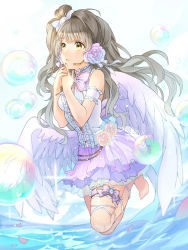 Rule 34 | 10s, 1girl, angel wings, bare shoulders, barefoot, blunt bangs, bow, bowtie, bridal garter, brown eyes, brown hair, bubble, feet up, floating, flower, frilled skirt, frills, hair bow, hair flower, hair ornament, hairclip, headset, highres, layered skirt, long hair, love live!, love live! school idol festival, love live! school idol project, microphone, minami kotori, parted lips, petals, rio.lw, side ponytail, skirt, solo, sparkle, water, wings, x hair ornament