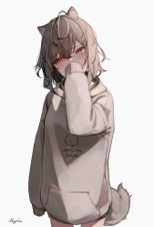 Rule 34 | 1girl, animal ear fluff, animal ears, blush, brown eyes, brown hair, clothes writing, commentary, cowboy shot, grey background, grey hoodie, hair between eyes, hand up, highres, hood, hood down, hoodie, long sleeves, looking away, looking to the side, mayogii, original, romaji text, simple background, sleeves past fingers, sleeves past wrists, solo, symbol-only commentary, tail