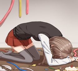 Rule 34 | 1girl, ahoge, all fours, broken, brown hair, cake, food, fork, grey thighhighs, indoors, long hair, long sleeves, no shoes, on floor, original, plate, pleated skirt, prostration, red skirt, school uniform, shirt, skirt, solo, sweater vest, thighhighs, white shirt, yakob labo