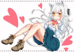 Rule 34 | 1girl, animal ears, black bow, blush, bow, brown footwear, cat ears, cat tail, dated, full body, hair bow, hair ornament, hairclip, heart, holding, holding heart, knees up, long hair, long sleeves, looking at viewer, michiru donut, original, shoes, simple background, sitting, skirt, solo, tail, white background, white hair, yellow eyes