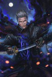 Rule 34 | 1boy, absurdres, artist name, black coat, black gloves, black pants, blue vest, coat, commentary, cowboy shot, devil may cry (series), devil may cry 5, fingerless gloves, frown, full moon, gloves, highres, holding, holding sheath, holding sword, holding weapon, katana, lizzart-zardonicz, long coat, long sleeves, looking at viewer, male focus, moon, open mouth, pants, scabbard, sheath, short hair, silver hair, smoke, solo, spoilers, standing, sword, trench coat, unsheathing, vergil (devil may cry), vest, weapon, yamato (sword)