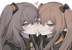 Rule 34 | 2girls, :3, :o, blush, cheek-to-cheek, girls&#039; frontline, heads together, heart, highres, jacket, jingo, looking at viewer, multiple girls, ponytail, ribbon, scar, shirt, siblings, simple background, sisters, smile, twins, ump45 (girls&#039; frontline), ump9 (girls&#039; frontline), upper body, white background, white shirt